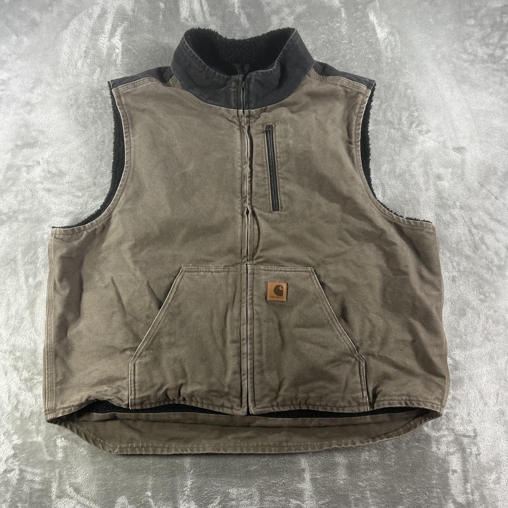Carhartt Vest Mens 2XL Brown Canvas Fleece Lined Zip Workwear Outdoor Puffer